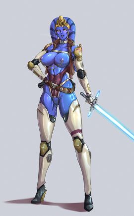 1girls blue_skin chains collar female female_only hairless_pussy high_heels holding_object jedi lightsaber nipple_chain nipple_piercing piercing pussy revealing_clothes sirpetus star_wars twi'lek weapon wedge_heels