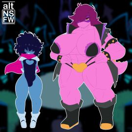 altnsfw anthro anthro_only areola_slip big_breasts blue_hair blue_skin breasts breasts_bigger_than_head bulge clothed deltarune female femboy hair_over_one_eye height_difference huge_breasts kris_(deltarune) male monster_girl muscular muscular_female pink_hair pink_skin shortstack shortstack_femboy size_difference skin_tight susie_(deltarune) thighs undertale undertale_(series)
