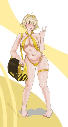 1girls bikini blush breasts chubby chubby_female elegg_(nikke) feet female goddess_of_victory:_nikke hair_over_eyes hips light-skinned_female light_skin mooncake_uwu open_mouth summer sweat swimsuit toes