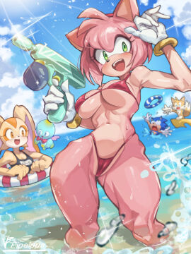 2boys 2girls absurdres aged_up amy_rose animal_ears bikini blue_fur blue_one-piece_swimsuit blue_sky blush body_fur breasts chao_(sonic) cheese_(sonic) cloud cream_the_rabbit eipelppa female fox_boy fox_ears fox_tail furry furry_female gloves green_eyes headband hedgehog_boy hedgehog_girl highres iepelppa iparupua iparuputsua ipelppa looking_at_viewer male medium_breasts multiple_boys multiple_females multiple_girls multiple_males navel ocean one-piece_swimsuit open_mouth outdoors pink_fur pink_hair rabbit_ears rabbit_girl red_bikini red_headband short_hair sky smile sonic_(series) sonic_the_hedgehog swimsuit tail tails_the_fox teeth upper_teeth_only wading water white_gloves yellow_fur