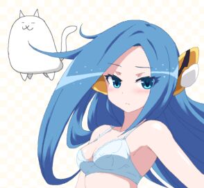 1girls blue_eyes blue_hair blush bra breasts calm checkered_background collarbone color confused coppermine_(battle_cats) digital_media_(artwork) earpiece extremely_long_hair female firm_breasts galaxy_gals hayashiya_zankurou inner_sideboob light_skin long_hair looking_at_viewer medium_breasts nyanko_daisensou shoulders smile tail tank_cat teenager the_battle_cats underwear white_fur