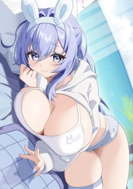 alternate_costume animal_ears azur_lane bikini blue_eyes blue_hair blush breasts cg cleavage closed_mouth cropped_hoodie fake_animal_ears female hair_between_eyes hair_intakes hairband heart hood hoodie huge_breasts large_breasts long_hair long_sleeves looking_at_viewer lying micro_shorts nail_polish new_jersey_(azur_lane) official_alternate_costume official_art on_side pillow purple_eyes rabbit_ears shirt short_shorts shorts shrug_(clothing) single_thighhigh smile solo swimsuit thighhighs thighs white_bikini white_bra white_hairband white_shirt white_sports_bra white_thighhighs
