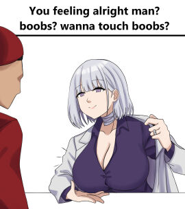 bandaged_neck bandages boobs?_wanna_touch_boobs? breasts business_suit cleavage closed_mouth commander_(girls'_frontline) cyka daijoubu?_oppai_momu?_(meme) english_text faceless faceless_male female formal_clothes girls'_frontline grey_hair grey_suit highres jacket jewelry large_breasts looking_at_another male meme meme_caption office_lady official_alternate_costume presenting_breasts purple_eyes purple_shirt ring rpk-16_(girls'_frontline) rpk-16_(renate)_(girls'_frontline) scene_reference shirt short_hair simple_background skirt smile solo_focus suit text white_background