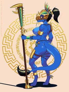 5_fingers anklet anthro areola asian_mythology ass big_ass big_breasts big_butt black_hair blue_body blue_scales bottomwear bracelet breasts clothing curvy_figure digital_media_(artwork) dragon dragon_tail duart duartthebirdman east_asian_mythology eastern_dragon feathers female fingers gold_(metal) gold_anklet gold_armlet gold_bracelet gold_helmet gold_jewelry gold_plate gold_weapon hair hi_res humanoid jewelry mammal mythological_creature mythological_scalie mythology nipples nude red_eyes scales scalie sek-raktaa simple_background solo tail text thick_thighs topwear tribal url warhammer_(franchise) warhammer_fantasy warrior weapon