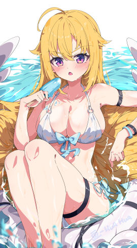 ahoge arm_strap armpits bare_arms bare_belly bare_legs bare_shoulders bare_thighs big_breasts bikini blonde_hair blush bracelet breasts cleavage collarbone female hua-huahua koshi_torako long_hair open_mouth partially_submerged popsicle purple_eyes shikanoko_nokonoko_koshitantan shiny_skin sideboob sitting swim_ring thigh_strap thighs water wet_body white_bikini