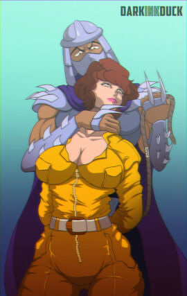 1boy 1girls april_o'neil april_o'neil_(tmnt_1987) asian_male asian_male_white_female bound_arms brown_hair curvy darkinkduck digital_media_(artwork) female light-skinned_female light_skin male overalls questionable_consent short_hair slave_girl stockholm_syndrome teenage_mutant_ninja_turtles the_shredder tmnt_1987