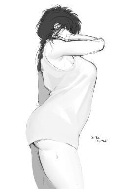 armpit_crease ass big_ass big_breasts braided_hair braids breasts canon_genderswap female female_only genderswap genderswap_(mtf) gintama hijikata_tenko hijikata_toshiro monochrome oobaii oversized_clothes rule_63 sketch slightly_chubby solo sweat tank_top twin_braids underass