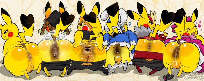 anthro anus ass backsack balls big_anus big_butt bodily_fluids bottomwear bottomwear_down buttplug clothed clothing cosplay_pikachu_(character) cosplay_pikachu_(costume) crossdressing dress female fur gaping gaping_anus generation_1_pokemon genitals group hi_res huge_anus huge_butt jack_and_jill male mammal nintendo pants pants_down partially_clothed pikachu pikachu_libre pink_clothing pink_dress plug_(sex_toy) pokemon pokemon_(species) presenting presenting_anus presenting_hindquarters rodent semi-anthro sex_toy sharkysocks short_stack spread_anus spread_butt spreading sweat sweaty_butt take_your_pick teapot_(body_type) thick_thighs vulva yellow_body yellow_fur