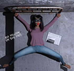 1girls 3d ankle_cuffs ball_gag barefoot black_hair blindfold blindfolded bondage breasts clothed_bondage cuffs duct_tape female fully_clothed fully_clothed_female gagged handcuffs jeans kidnapped kidnapping long_hair newspaper oc on_bed original original_character peril petite petite_body petite_female ransom small_breasts spread_legs sweater tape tape_blindfold taylor-s-rose teenage_female text toes