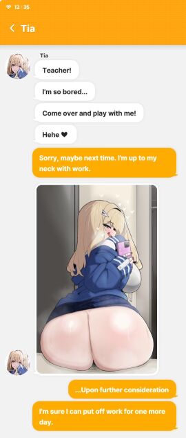 1girls ass big_ass big_breasts blonde_hair bottomless breasts commander_(nikke) dialogue english_text female goddess_of_victory:_nikke hi_res hips huge_ass huge_breasts long_hair school_uniform schoolgirl sexting text text_message thick_thighs thighs tia_(nikke) vammzu wide_hips