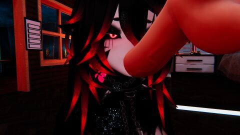 1futa 3d black_hair black_sclera blowjob chains collar dildo female futanari goth goth_futa goth_girl gothic heart heart_symbol intersex markings night oral piercing piercings red_hair sex_toy submissive_futa sucking_dildo two-tone_hair vrchat vrchat_avatar