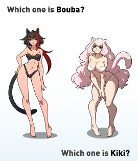 2girls :3 big_breasts black_hair black_panties bra breasts cat_ears cat_girl cat_tail catgirl cleavage english_text eyelashes female female_only hi_res kinkymation large_breasts long_hair looking_at_viewer medium_breasts narrowed_eyes original panties pink_hair red_hair red_lipstick small_breasts smile smug tail take_your_pick text two-tone_hair unamused white_background white_panties