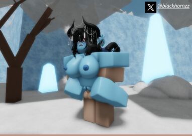 1boy 1girls 3d ahe_gao big_breasts black_hair blackhornzz blue_skin breasts carrying female grabbing_from_behind horns ice interspecies male nipples pussy roblox robloxian suspended_in_midair tagme twitter_username vaginal_penetration winter