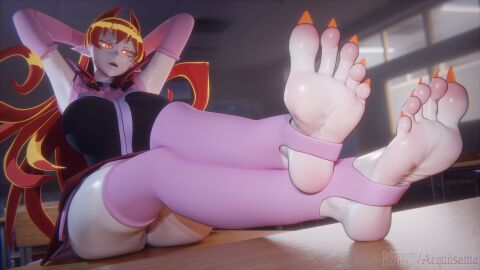 3d 3d_(artwork) aequd aequdsama armpits ass azazel_ameri breasts clothed_female elf_ears feet female foot_focus large_breasts long-haired_female long_hair long_toenails mairimashita!_iruma-kun orange_eyes orange_hair orange_nails panties pink_stockings skirt stirrup_legwear stirrup_socks toes