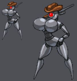 1girls 2017 big_breasts breasts cowboy_hat female female_only grey_body hat low_res lowres nuclear_throne pixel_art ranged_weapon red_eyes rifle robot sniper_(nuclear_throne) sniper_rifle solo unnoticeableperson