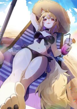 ahoge animal_ears armpits bangs bare_shoulders barefoot beach beach_umbrella big_toes_rise bikini black_bikini blonde_hair blue_sky breasts brown_headwear choker cleavage cloud collarbone cup day depth_of_field drinking_glass eyebrows_visible_through_hair feet female flexible_toes food front-tie_top hand_on_headwear hat holding holding_cup long_hair looking_at_viewer lying medium_breasts nail_polish navel ocean outdoors pov pov_feet red_eyes short_hair side-tie_bikini sitting sky smile soles solo squchan_(vtuber) straw_hat sun_hat swimsuit tail thighs toes toes_choki_pose tongue tongue_out virtual_youtuber vyugen