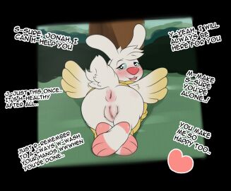 angel angel_gabby angel_hare anthro anus ass backstreetgirl bedroom_eyes big_ass big_butt blush bottomless censored clothed clothing clothing_lift dress encouragement feet female genitals heart-shaped_pupils hi_res huge_ass huge_butt lagomorph leporid looking_at_viewer looking_back lying mammal masturbation_encouragement motherly narrowed_eyes on_front plump_labia presenting presenting_anus presenting_hindquarters presenting_pussy puffy_anus pussy rabbit raised_tail rear_view reassuring seductive solo tail talking_to_viewer the_east_patch vhs_filter wings