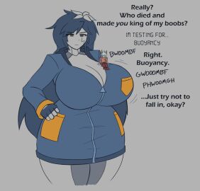1boy angela_(magnaprospekt) big_breasts blue_hair breasts female female_robot giantess hair_flower height_difference huge_breasts magnaprospekt male oc original original_character robot robot_girl sitting_on_breasts size_difference