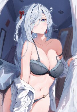 1girls absurd_res absurdres adult areolae bare_arms bare_belly bare_chest bare_legs bare_midriff bare_shoulders bare_skin bare_thighs belly belly_button black_bra black_panties black_underwear blush blush_lines blushing_female bra breasts cleavage collarbone dot_nose earrings female female_focus female_only fingernails fingers genshin_impact green-eyed_female green_eyes head_tilt high_resolution highres hourglass_figure legs light-skinned_female light_skin lips long_hair looking_at_viewer medium_breasts naked naked_female navel neck nude nude_female panties shenhe_(genshin_impact) shirt shoulders silver-haired_female silver_hair slender_body slender_waist slim_female slim_waist solo standing thick_thighs thighs thin_waist tilted_head underwear upper_body very_long_hair vincent_leo white_shirt wide_hips