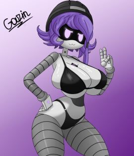 1girls :3 big_breasts black_underwear breasts female female_only glitch_productions hand_on_hip helmet milf mommy murder_drones nori_(murder_drones) peace_sign purple_eyes purple_hair robot robot_girl robot_humanoid robot_milf screen screen_face short_hair solo solo_female underwear white_body worker_drone zhenyagazin