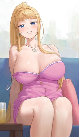 1girls bare_shoulders blonde_hair blue_eyes breasts cleavage dosanko_gal_wa_namara_menkoi drink earrings female fuyuki_minami grin gyaru highres jewelry large_breasts long_hair looking_at_viewer necklace nhaliz pink_dress sitting smile solo spaghetti_strap strap_slip thighs very_long_hair voluptuous voluptuous_female