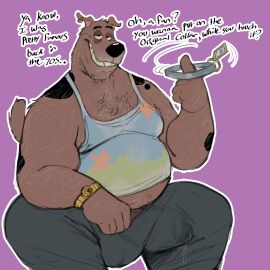 aged_up anthro azathura barazoku belly big_belly big_bulge bodily_fluids body_hair brown_body brown_fur bulge canid canine canis chest_hair clock clothed clothing collar detailed_bulge domestic_dog ear_piercing ear_ring fur genital_fluids grey_hair hair hairy_male hanna-barbera hi_res male mammal mature_male mottled mottled_body mottled_fur musclegut muscular obese obese_anthro obese_male overweight overweight_anthro overweight_male penis penis_outline penis_under_clothes piercing precum precum_through_clothing ring_piercing scooby-doo scooby-doo_(character) solo talking_to_viewer watch wet wet_clothing