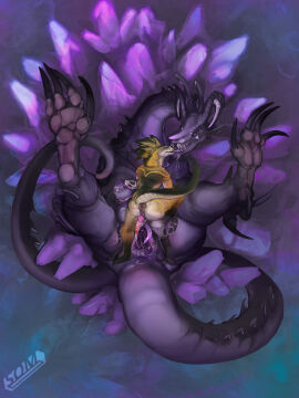 anthro bodily_fluids breeding cum cum_inside cum_on_pussy dragon ejaculation female gaping gaping_pussy genital_fluids genitals group hi_res male male/female male/male mythological_creature mythological_scalie mythology pussy reptile scalie sloppy_kiss snake somniferous sudz trio velux