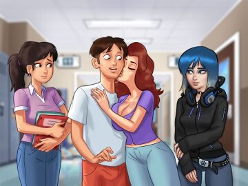 1girls 3girls becca_(summertime_saga) big_breasts blue_hair breasts clothed clothed_female clothing eve_(summertime_saga) female freckles goth goth_girl headphones jeans kissing mia_(summertime_saga) multiple_females multiple_girls pants sad school schoolgirl summertime_saga surprised tagme