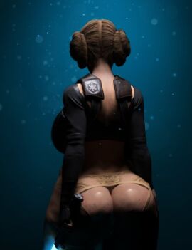 1girls 3d ass back_view big_ass blue_lightsaber brown_hair bubble_butt cellulite female grimmspring lightsaber princess_leia_organa solo star_wars