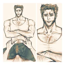 2boys boner bulge chest_hair crossed_arms deadpool erection erection_under_clothes gay logan_(x-men) male male/male male_only marvel marvel_comics monochrome muscular muscular_male pectorals rappelvide short_hair sweatdrop wolverine_(x-men) x-men yaoi