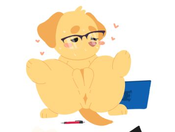 anthro anus bedroom_eyes bird_dog blush bodily_fluids canid canine canis clipboard digital_media_(artwork) domestic_dog dr._jennifer_dogna eyewear eyewear_only feet_up female fur genitals glasses glasses_only golden_retriever heart_symbol hunting_dog labrador mammal narrowed_eyes nude paws pen pixile_studios presenting presenting_pussy puffy_pussy pussy retriever seductive simple_background softbeancandy solo super_animal_royale sweat sweatdrop tail wearing_glasses white_background yellow_body yellow_fur