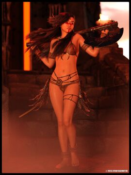 1girls 3d axe bikini daz_studio female female_only full_body leather_bikini original solo strictaservitus weapon