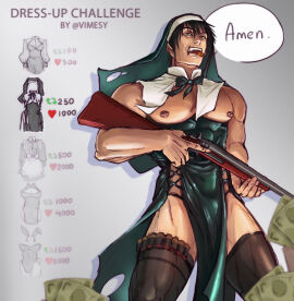 1boy artist_name bullet dialogue dilf dollar_bills english_text femboy femboy_dilf holding_weapon jujutsu_kaisen male male_focus male_only money muscular muscular_male nipple_piercing nipples piercing scar scar_on_face simple_background solo_focus toji_fushiguro vimesy