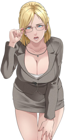 1girls 2d 2d_(artwork) adjusting_eyewear bangs big_breasts blonde_hair blouse blue_eyes breasts business_suit business_woman busty butcha-u capcom clavicle cleavage clothed clothing cowboy_shot dead_rising dead_rising_(series) earrings eroquis eyewear female female_only formal front_view glasses grey_skirt hand_on_own_leg hand_on_own_thigh huge_breasts jacket jessica_mccarney jewelry large_breasts leaning_forward lips long_sleeves looking_at_viewer lower_teeth medium_hair miniskirt necklace office_lady open_mouth pencil_skirt shirt short_hair skirt skirt_suit solo suit thighs tied_hair tongue white_blouse white_shirt
