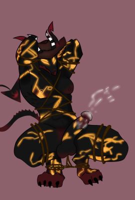 anthro balls big_penis black_body bodily_fluids claws clothing cum demon dragon empty_eyes erection fangs genital_fluids genitals glowing glowing_eyes hat headgear headwear helluva_boss hi_res horn male male_only muscular muscular_anthro muscular_male mythological_creature mythological_scalie mythology nipples nude penis satan_(helluva_boss) scalie solo tail teeth uppy_manguito wings yellow_eyes