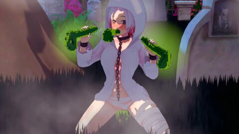 bags_under_eyes bandages blowjob breasts chain_leash dezerbitch double_handjob ghost ghost_costume ghost_girl ghost_penis graveyard heart-shaped_pupils hood_up hoodie kneeling_blowjob kneeling_sex looking_at_viewer metal_collar penetration revealing_clothes revealing_costume revealing_outfit ruby_rose rwby tagme tombstones video white_hair