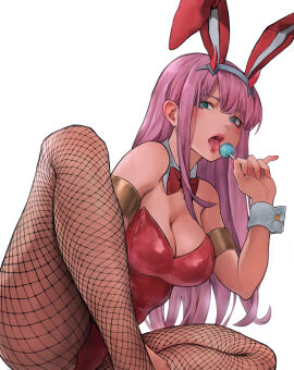 1girls absurdres alternate_costume animal_ears bow bowtie breasts candy cleavage commentary darling_in_the_franxx detached_collar fake_animal_ears female fishnet_pantyhose fishnets food gold_armlet green_eyes highres holding holding_candy holding_food holding_lollipop j-u-n06 leotard lollipop long_hair looking_at_viewer medium_breasts open_mouth pantyhose pink_hair playboy_bunny rabbit_ears red_bow red_bowtie red_leotard simple_background sitting solo thighs tongue tongue_out very_long_hair white_background wrist_cuffs zero_two_(darling_in_the_franxx)