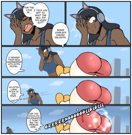 2girls ass_up big_belly bubble_butt cat_headphones chubby chubby_female crop_top dark-skinned_female facepalm female headphones imminent_fart mrtomato8224 orange_hair rem_(mrtomato) sweat sweating sweaty twintails tyff
