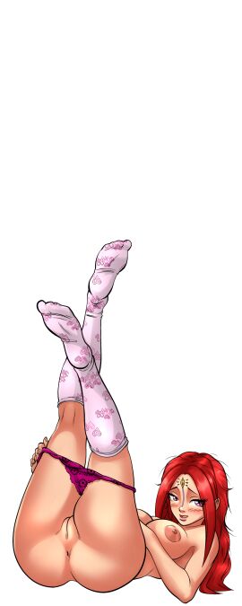 anus ass bedtime_jujubee_(hentai_heroes) blush breasts cg cleft_of_venus facial_mark feet female full_body green_background hentai_heroes jujubee_(hentai_heroes) kinkoid kneehighs large_breasts legs_up long_hair looking_at_viewer lying makeup medium_breasts nipples official_art on_back panties panty_pull parody pink_panties purple_eyes purple_panties pussy red_hair simple_background smile socks soles solo tattoo thighs toes topless transparent_background uncensored underwear