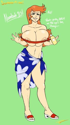 1girls aged_up artist_signature blush breasts cartoon_network codename:_kids_next_door dialogue english english_text fakeryway female female_only green_eyes huge_breasts long_hair numbuh_10 orange_hair pleasure_castle sarong simple_background solo tube_top tubetop voluptuous ych ych_commission