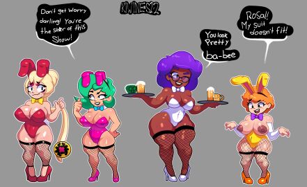 4girls afro arm_sleeves artist_name artist_signature bea_(brawl_stars) big_breasts big_thighs blonde_hair blush brawl_stars breasts breasts_out brown_nipples bunny_costume bunny_ears bunny_tail bunnysuit charlie_(brawl_stars) chocolate_and_vanilla cleavage costume curly_hair dark-skinned_female dark_skin dialogue female female_only fishnet_legwear fishnet_stockings fishnets foursome ginger_hair glasses green_hair group halloween happy high_heels highres holding_object kiwines12 legs light-skinned_female light_skin lola_(brawl_stars) long_hair long_sleeves medium_hair muscular muscular_female nervous nipples no_background orange_hair pink_clothing pink_heels purple_hair pussy red_clothing red_heels rosa_(brawl_stars) shiny_skin short_hair shortstack smile smiling straight_hair sweat sweatdrop thick_thighs thumbs_up tight_clothing waitress white_clothing white_heels wink yellow_clothing yellow_heels yo-yo