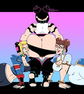 3girls anger_vein annoyed ass ass_cleavage ass_crack ass_focus ass_on_face ass_worship big_ass black_hair blonde_hair bottom_heavy breasts brown_hair bubble_ass bubble_butt butt_crack cammy_white cammy_white_(street_fighter_6) chun-li chun-li_(street_fighter_6) cleavage clothing dubious_consent face_against_ass fat_ass female female_only huge_ass ineptoutcast juri_han large_ass looking_at_ass massive_ass png street_fighter street_fighter_6 thick_ass thick_thighs thunder_thighs wide_hips