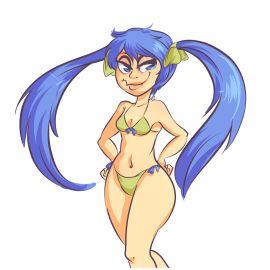 bikini blue_hair breasts crossover crossover_cosplay curvaceous curvy curvy_body curvy_figure disney double_ponytail female female_only flat_chest fusion fusion_character hand_on_hip hatsune_miku hips inside_out inside_out_2 joy_(inside_out) long-haired_female long_hair pixar small_boobs small_breasts tagme vocaloid yellow_body yellow_skin