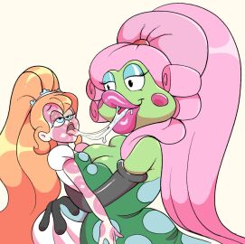 2010s 2018 2girls amphibian anthro big_hair blue_eyes blue_eyeshadow bodily_fluids breasts cleavage clothed clothing commission digital_drawing_(artwork) digital_media_(artwork) don_bluth drool_string exposed_shoulder eyeshadow fairy_tales female female/female female_focus female_on_anthro female_on_human female_only forced_kiss frog gigafruits gloves green_body green_clothing green_skin hair hand_on_another's_hip hand_on_hip handwear hans_christian_andersen hickey holding_partner huge_lips human interspecies interspecies_yuri kiss_mark kiss_mark_covered kiss_mark_on_arm kiss_mark_on_face kiss_marks kissing_fetish latex latex_clothing latex_gloves latex_handware latex_handwear lesbian lesbian_kiss lesbians lips lips_focus lipstick lipstick_fetish literature long_hair long_orange_hair long_pink_hair makeup mammal monster monster_girl mrs._toad open_mouth orange_hair pattern_clothing pattern_topwear pink_hair pink_kiss_mark pink_lips pink_lipstick pink_lipstick_mark ponytail public_domain saliva saliva_string simple_background size_difference spots spotted_clothing spotted_topwear thick_lips thumbelina_(1994_film) thumbelina_(character) thumbelina_(movie) tired tired_eyes toad_(frog) tongue tongue_out topwear white_background white_clothing yuri