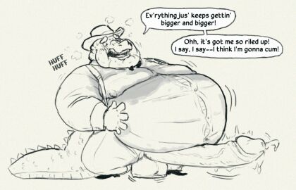 alligator alligatorid anthro balls balls_expansion balls_growth balls_growth_(enlargement) belly big_balls big_belly big_penis bloated bodily_fluids bow_tie clothing coat crocodilian cuff_links double_chin dress_pants dress_shirt dress_shoes dress_socks erection expansion genital_expansion genital_fluids genital_growth genital_growth_(enlargement) genitals gentleman growth hand_on_belly hands_up hat headgear headwear huge_cock hyper hyper_genitalia hyper_penis male nipple_outline nipples obese obese_anthro obese_male open_mouth overweight overweight_anthro overweight_male papyreit penis penis_expansion penis_growth penis_growth_(enlargement) penis_poking_out penis_through_fly precum precum_squirt reptile scalie shirt solo southern_accent speech_bubble suit suspenders sweat sweat_stain sweatdrop sweaty_clothing tail teeth text topwear weight_gain
