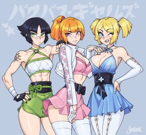 3girls aged_up big_breasts black_hair blonde_hair blossom_(powerpuff_girls) blue_eyes breasts bubbles_(powerpuff_girls) buttercup_(powerpuff_girls) cartoon_network female female_focus female_only fit_female green_eyes looking_at_viewer ponytail powerpuff_girls red_eyes red_hair sexy sexy_body sexy_pose shardanic short_hair sisters smiling_at_viewer thick_thighs twintails winking_at_viewer