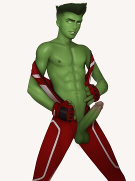abs beast_boy beast_boy_(young_justice) dc dc_comics drawnpr0n garfield_logan gay green_body green_hair green_skin grey_eyes male stripping yaoi young_justice young_justice:_outsiders