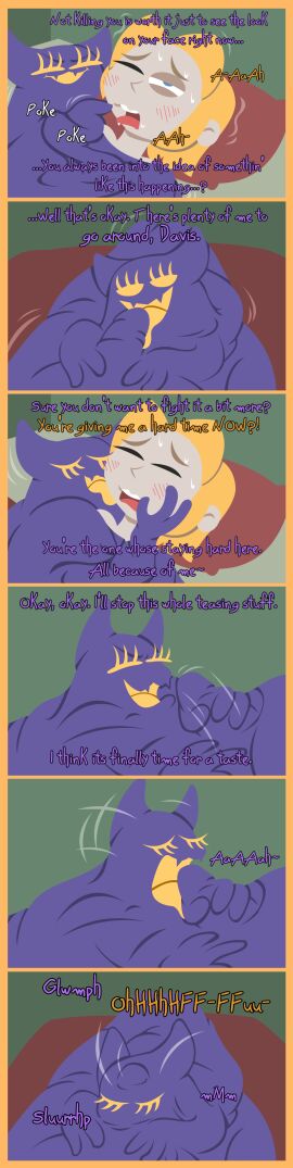 absurd_res animate_inanimate bed bedroom belinda_(sleep_tight) blonde_hair blue_eyes cheek_lick comic davis_(sleep_tight) duo empty_eyes english_text face_lick fangs fellatio female furniture genitals hair handjob hi_res human larger_male licking male male/female mammal oral penile penis penis_lick sex shane_frost size_difference smaller_female teeth text tongue yellow_eyes