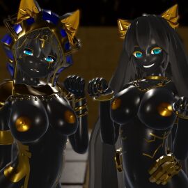 2girls 3d blue_eyes breasts cat_ears female gold_nipples long_hair looking_at_viewer nipples no_bra sakusya4 short_hair