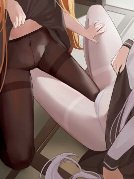 2girls absurdres black_pantyhose blonde_hair clothes_lift female female_masturbation female_only highres light-skinned_female light_skin masturbation multiple_females multiple_girls navel niliu_chahui original panties pantyhose school_uniform serafuku sitting thighs tokisaki_asaba tokisaki_asaba_(niliu_chahui) tokisaki_mio tokisaki_mio_(niliu_chahui) underwear white_hair yuri